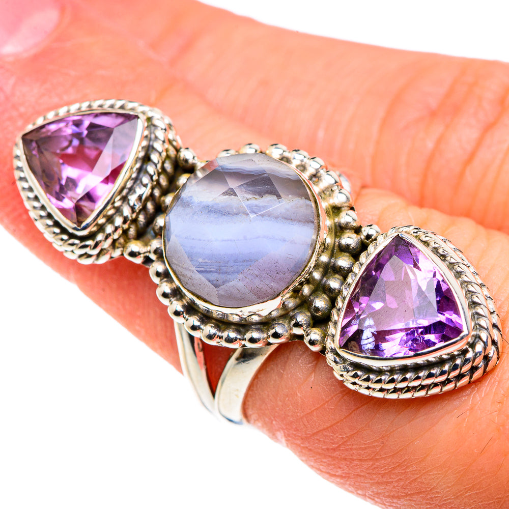 Blue Lace Agate, Amethyst Rings handcrafted by Anasilvercos - RING90521