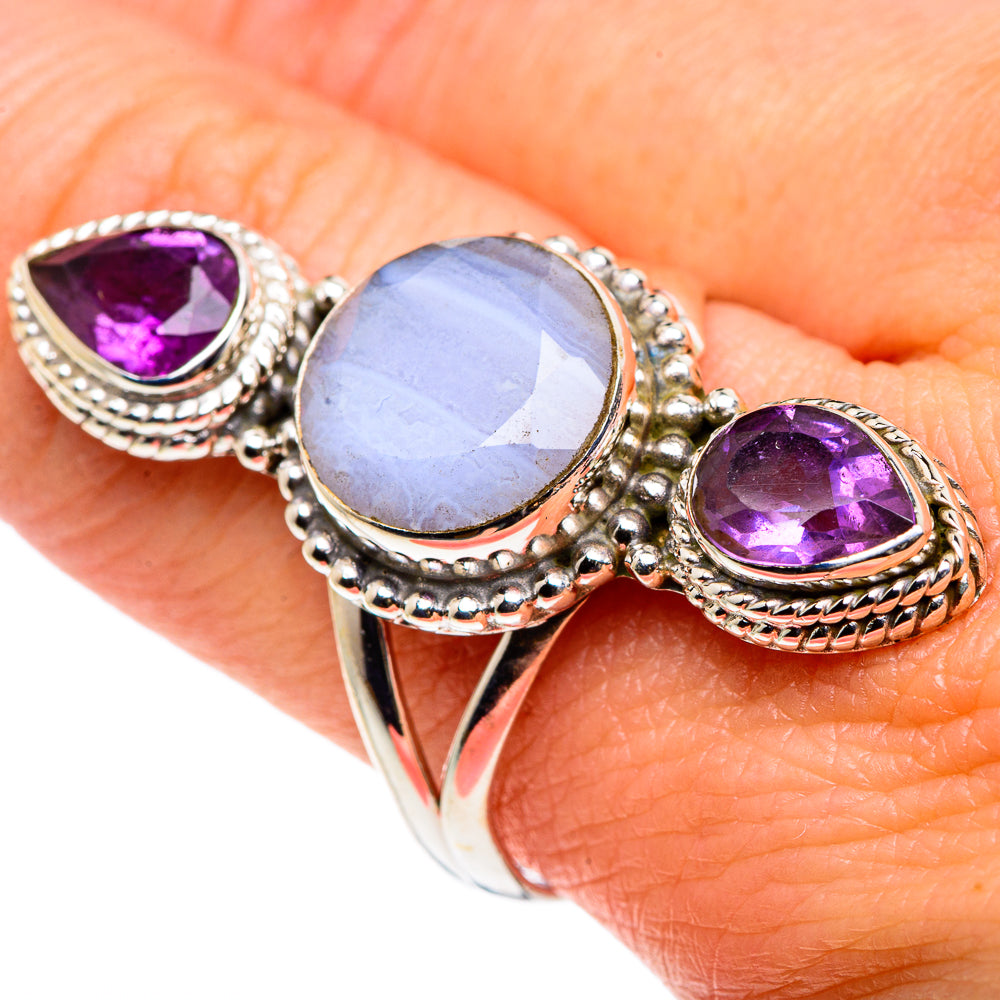 Blue Lace Agate, Amethyst Rings handcrafted by Anasilvercos - RING90569