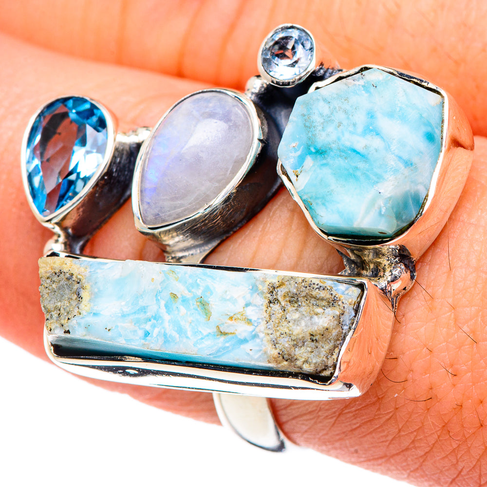 Larimar, Rainbow Moonstone, Blue Topaz Rings handcrafted by Anasilvercos - RING94865