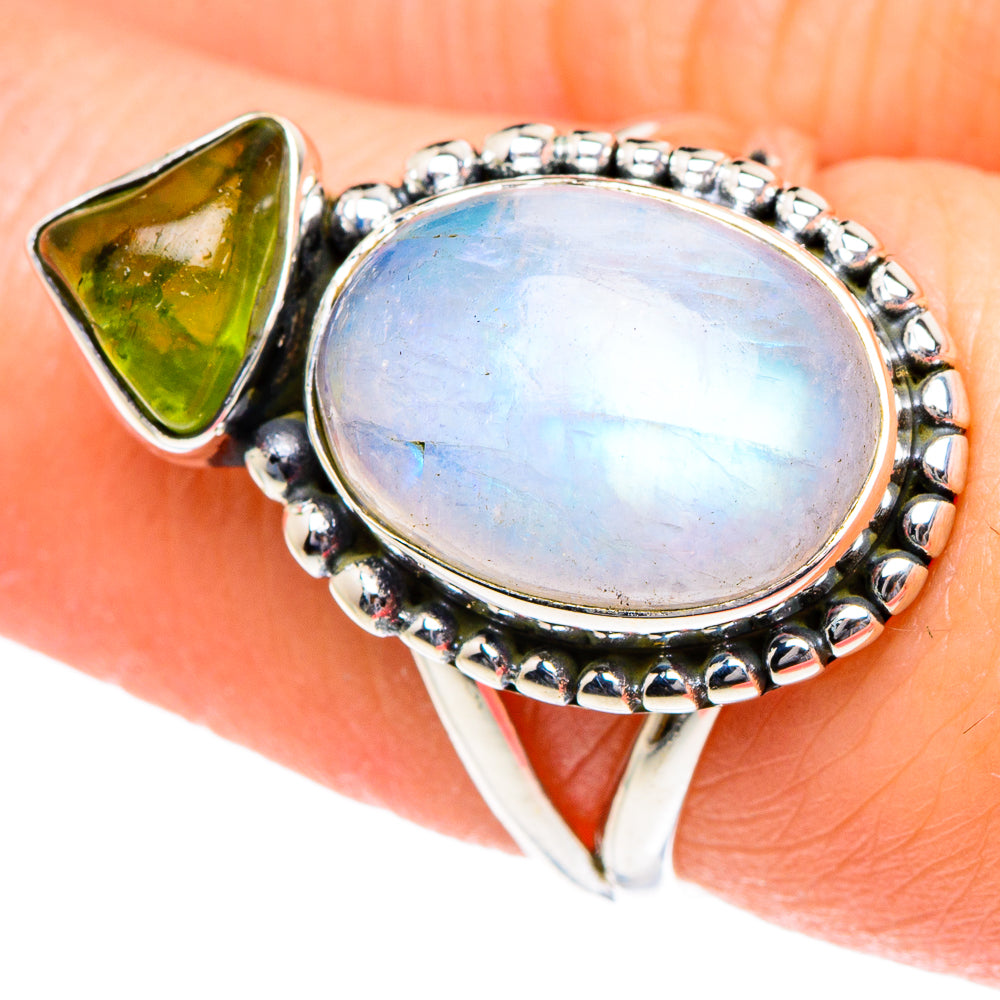 Rainbow Moonstone, Peridot Rings handcrafted by Anasilvercos - RING94886