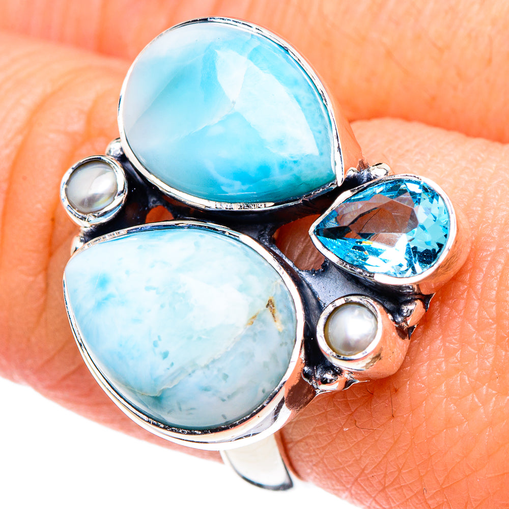 Larimar, Blue Topaz, Cultured Pearl Rings handcrafted by Anasilvercos - RING94919