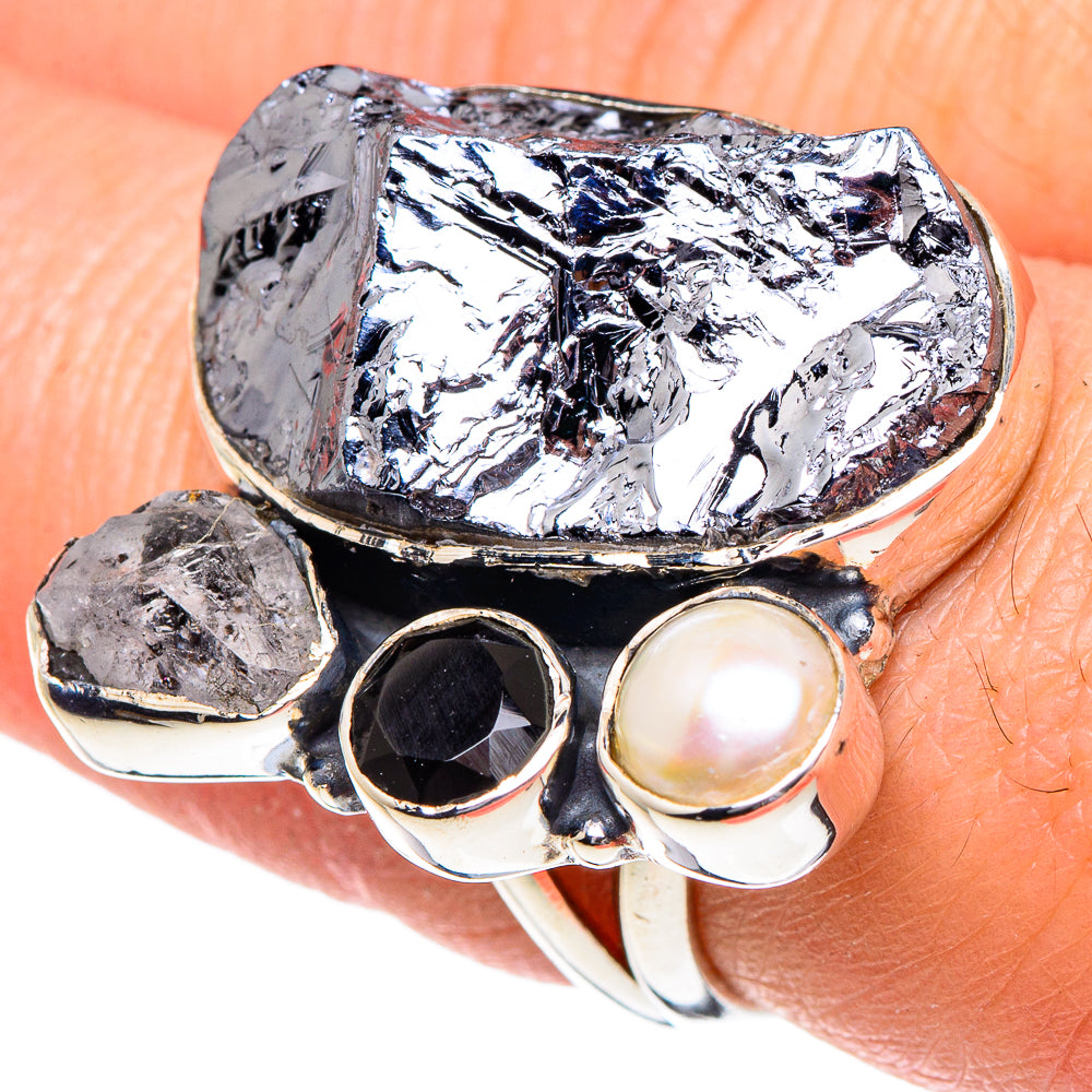 Galena, Herkimer Diamond, Black Onyx, Cultured Pearl Rings handcrafted by Anasilvercos - RING94940