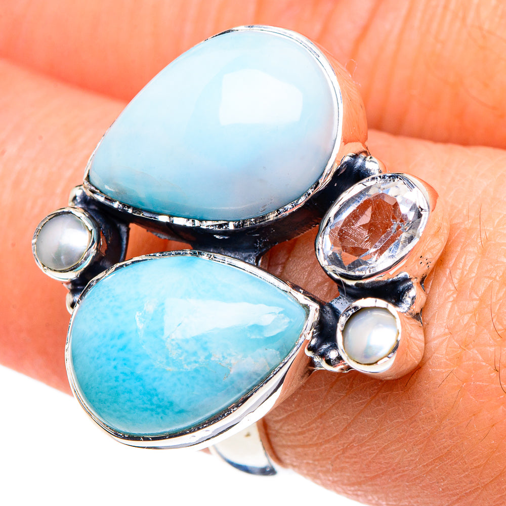 Larimar, Blue Topaz, Cultured Pearl Rings handcrafted by Anasilvercos - RING94998