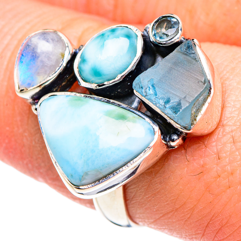 Larimar, Aquamarine, Blue Topaz, Rainbow Moonstone Rings handcrafted by Anasilvercos - RING95019