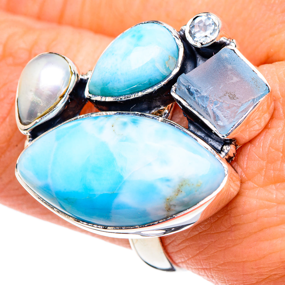 Larimar, Aquamarine, Cultured Pearl, Blue Topaz Rings handcrafted by Anasilvercos - RING95073