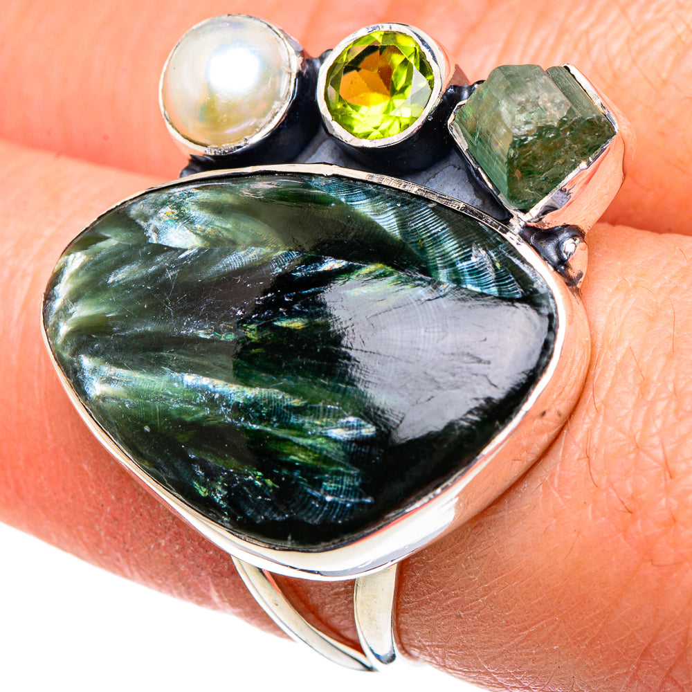 Seraphinite, Green Tourmaline, Peridot, Cultured Pearl Rings handcrafted by Anasilvercos - RING95129