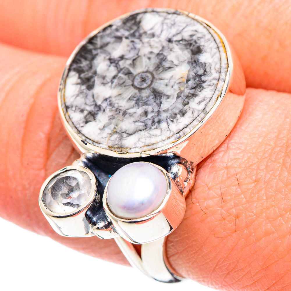 Goniatite Fossil, White Quartz, Cultured Pearl Rings handcrafted by Anasilvercos - RING95153