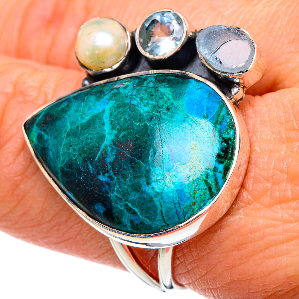 Chrysocolla, Aquamarine, Blue Topaz, Cultured Pearl Rings handcrafted by Anasilvercos - RING95184