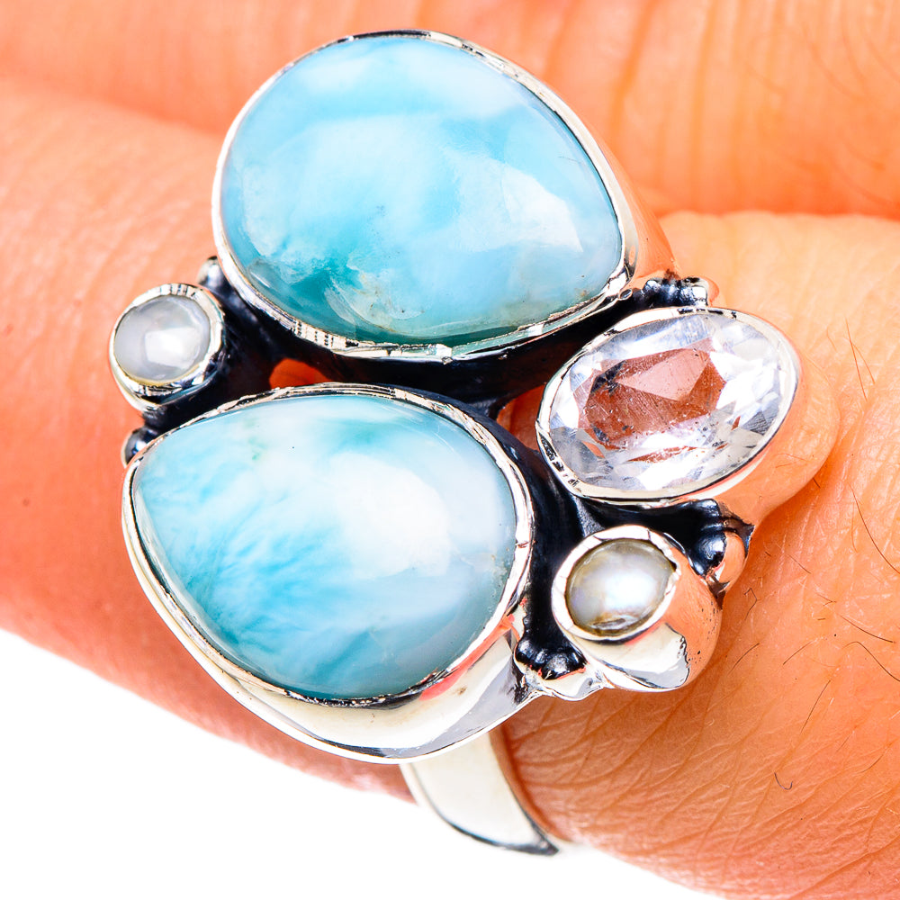 Larimar, White Quartz, Cultured Pearl Rings handcrafted by Anasilvercos - RING95855