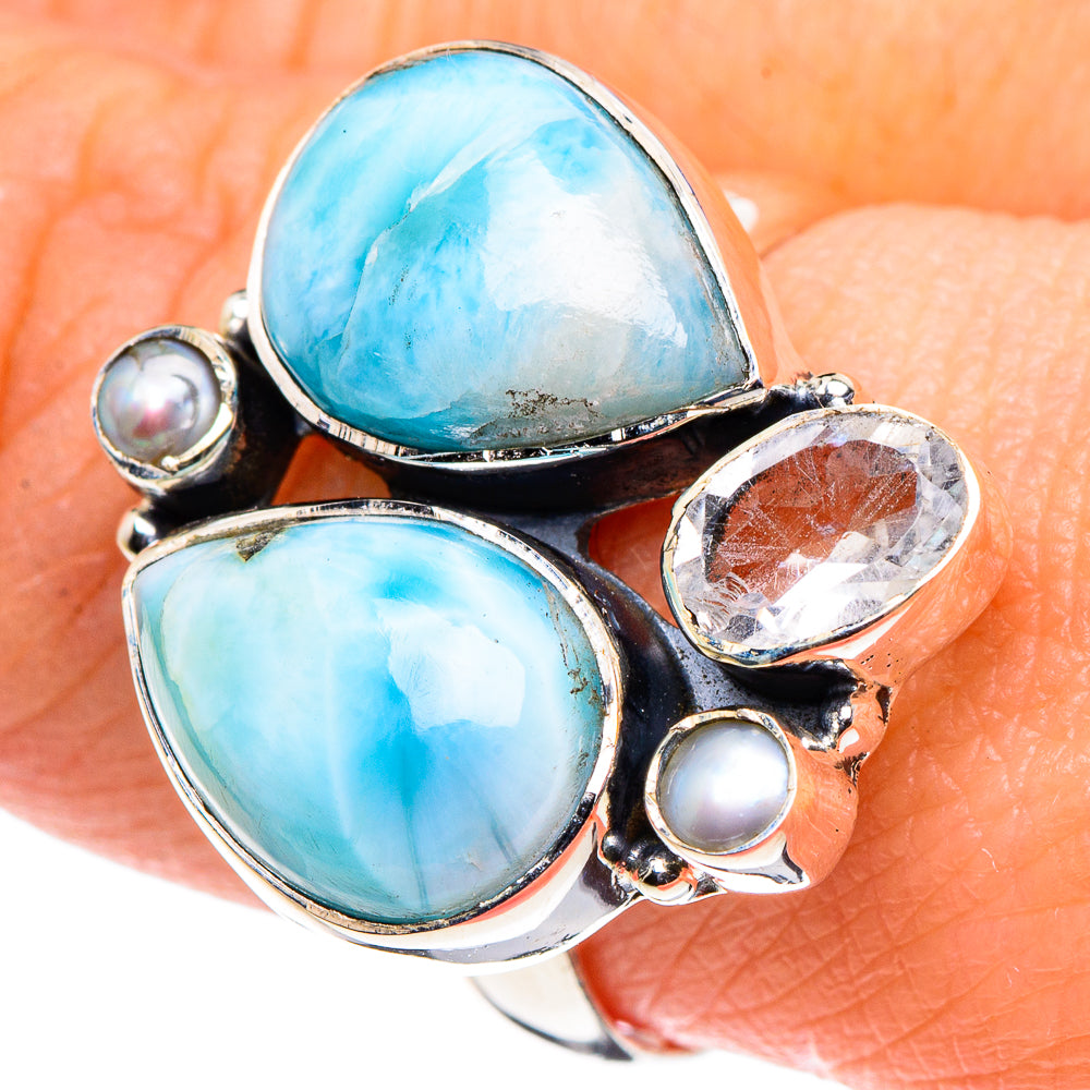 Larimar, White Quartz, Cultured Pearl Rings handcrafted by Anasilvercos - RING95916
