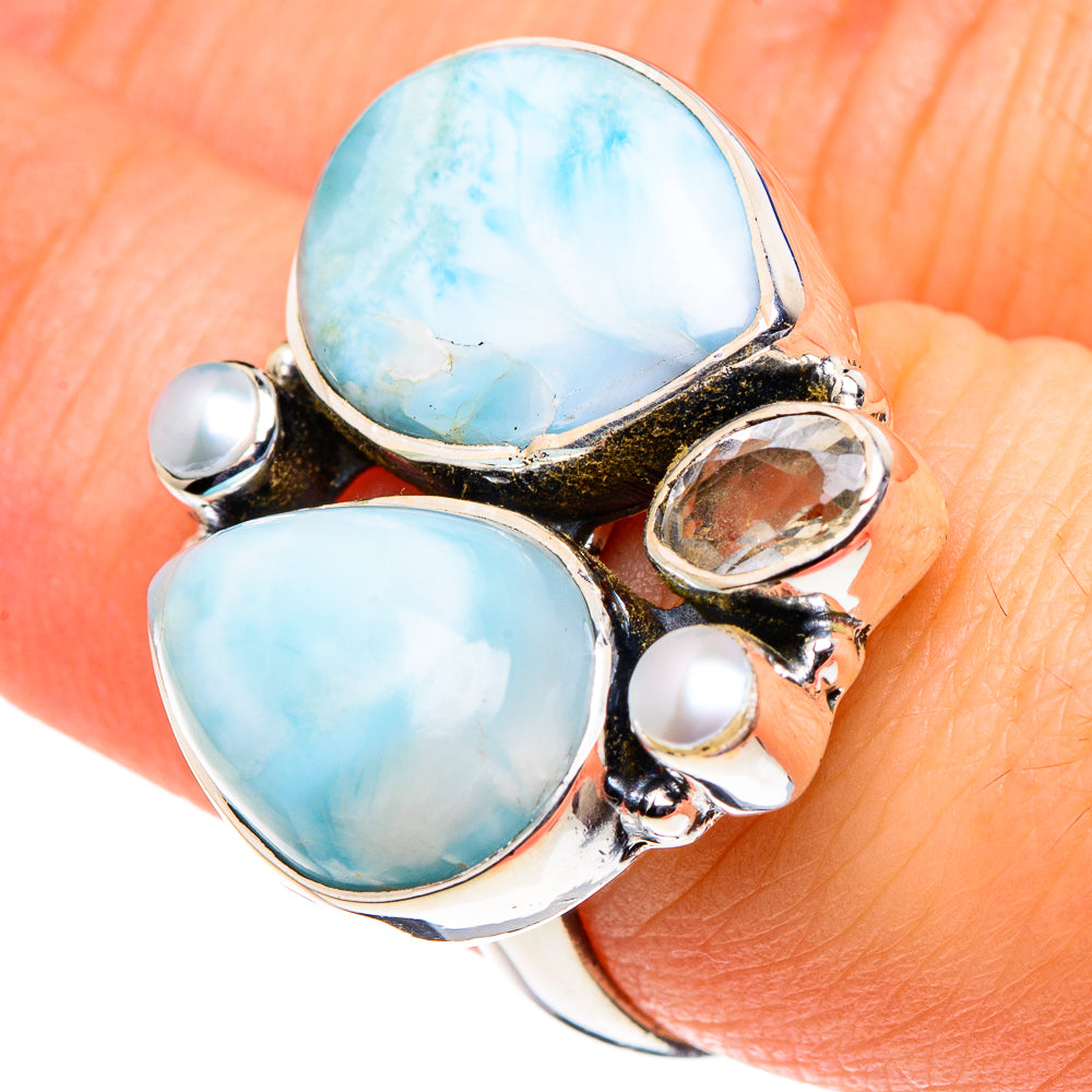 Larimar, White Quartz, Cultured Pearl Rings handcrafted by Anasilvercos - RING95922