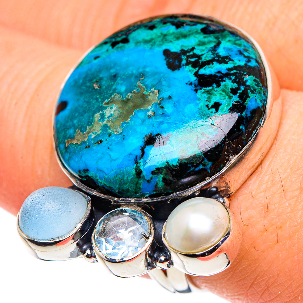 Shattuckite, Blue Topaz, Aqua Chalcedony, Cultured Pearl Rings handcrafted by Anasilvercos - RING95935