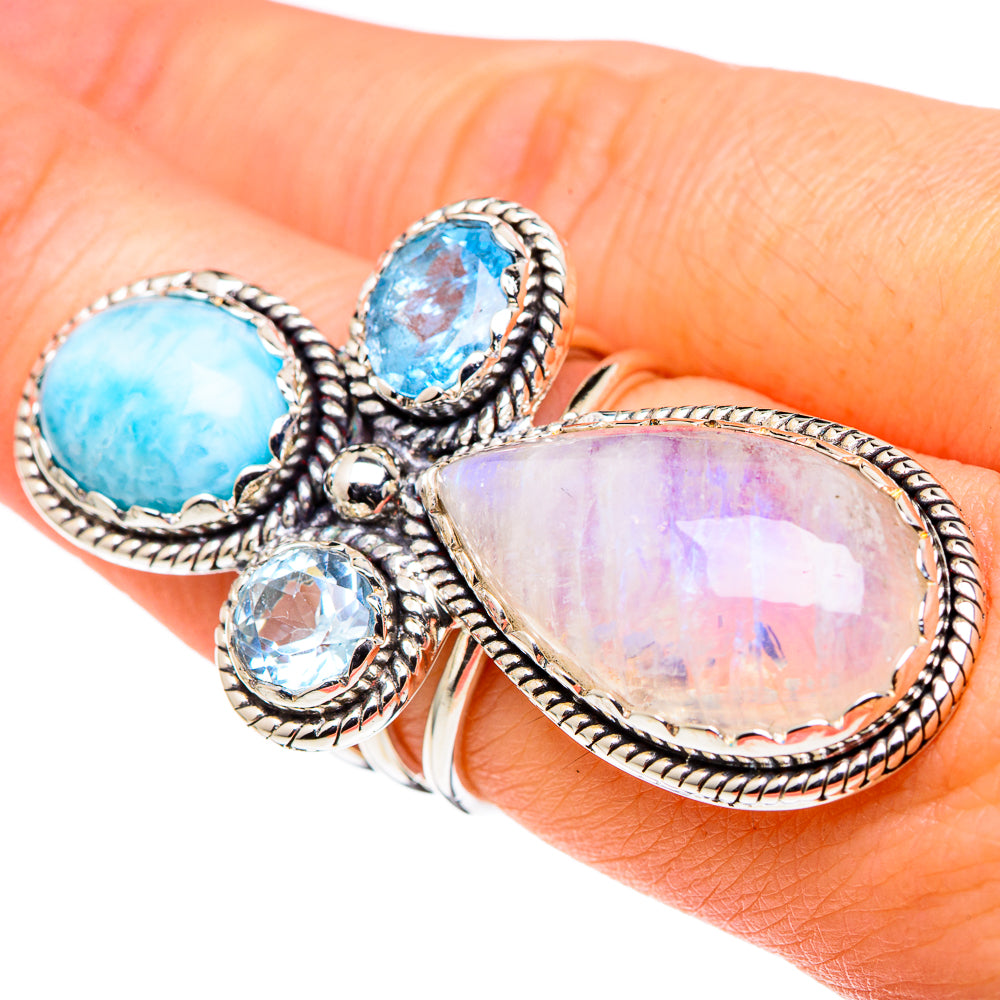 Rainbow Moonstone, London Blue Topaz Rings handcrafted by Anasilvercos - RING96387
