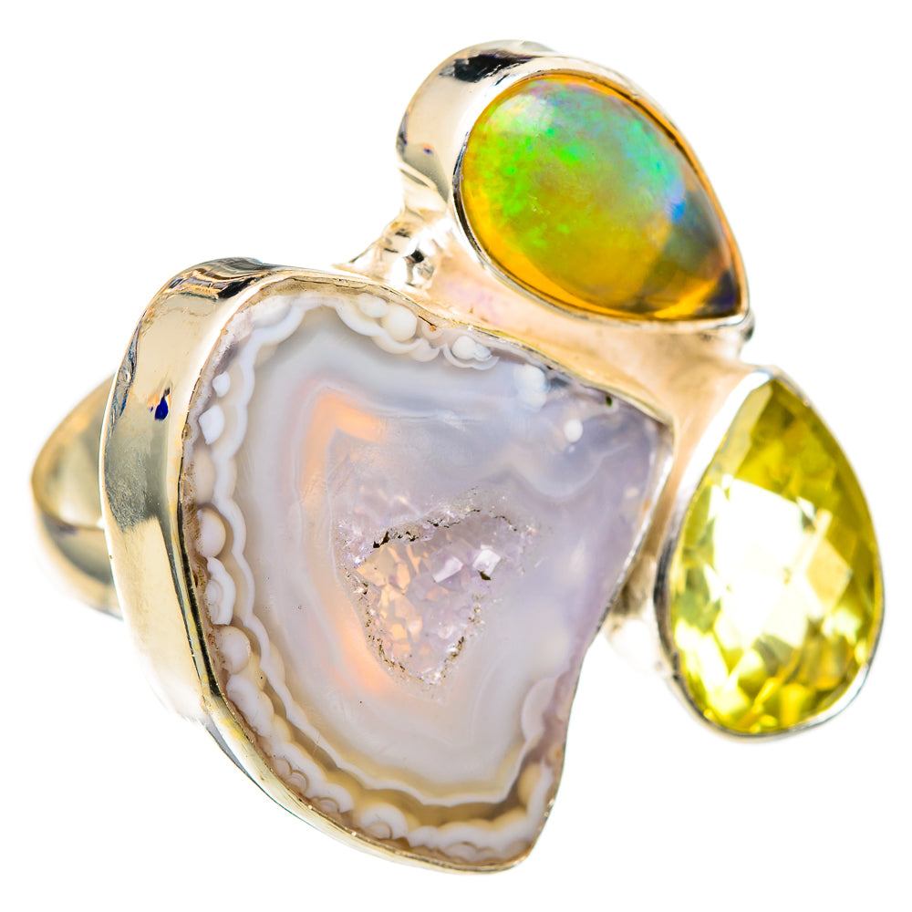 White Geode Slice, Ethiopian Opal, Citrine Rings handcrafted by Anasilvercos - RING101900