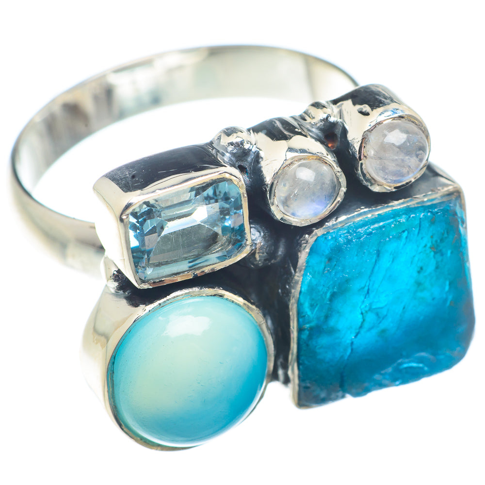 Blue Fluorite, Aqua Chalcedony, Blue Topaz, Rainbow Moonstone Rings handcrafted by Anasilvercos - RING73523