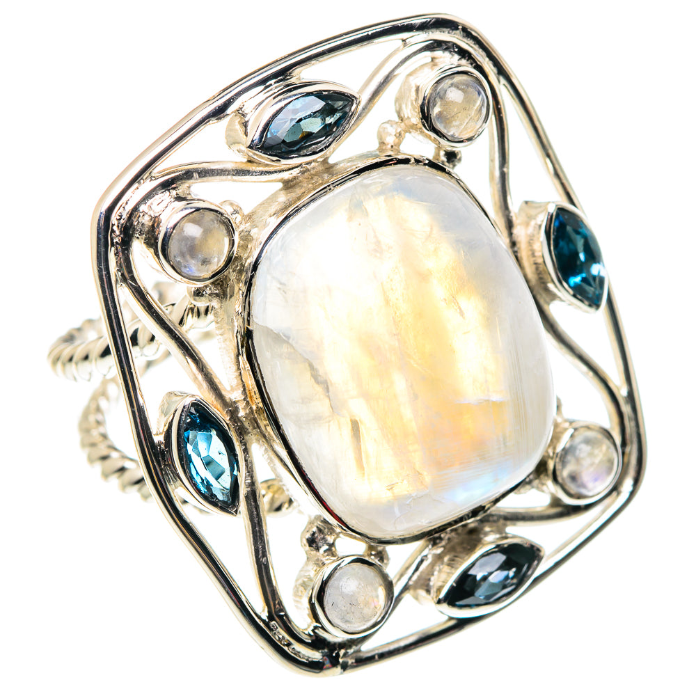 Rainbow Moonstone, Blue Quartz Rings handcrafted by Anasilvercos - RING87457