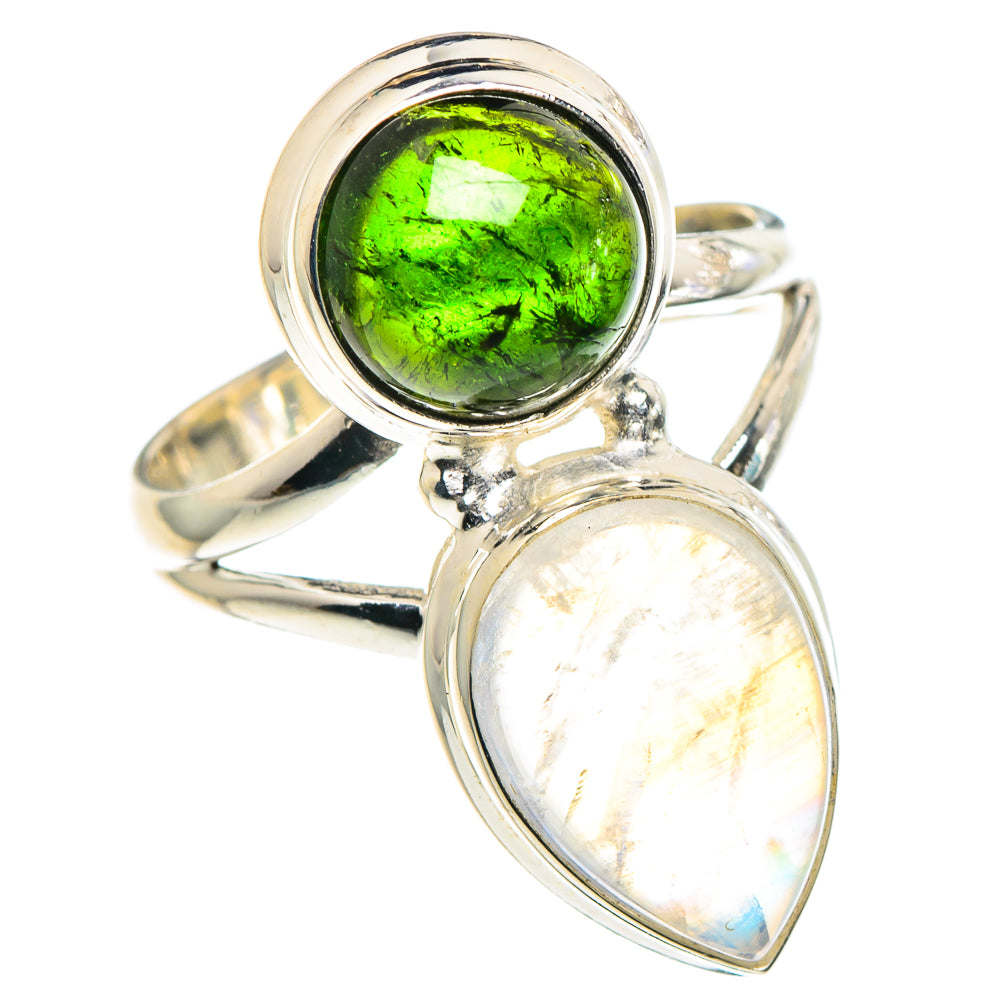 Rainbow Moonstone, Green Tourmaline Rings handcrafted by Anasilvercos - RING90509