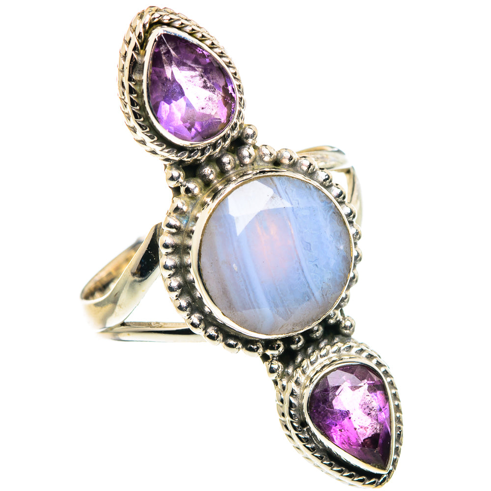 Blue Lace Agate, Amethyst Rings handcrafted by Anasilvercos - RING90569