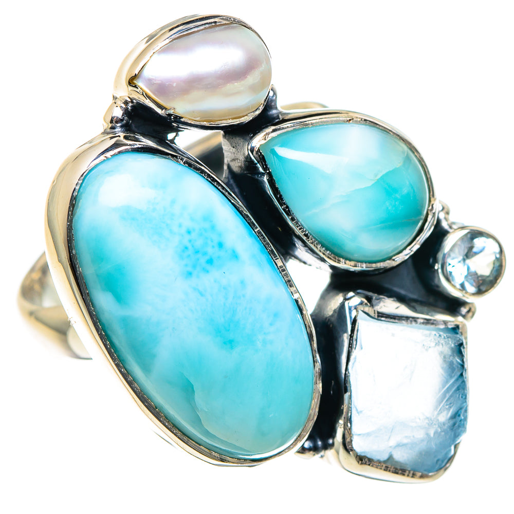 Larimar, Aquamarine, Cultured Pearl, Blue Topaz Rings handcrafted by Anasilvercos - RING94974