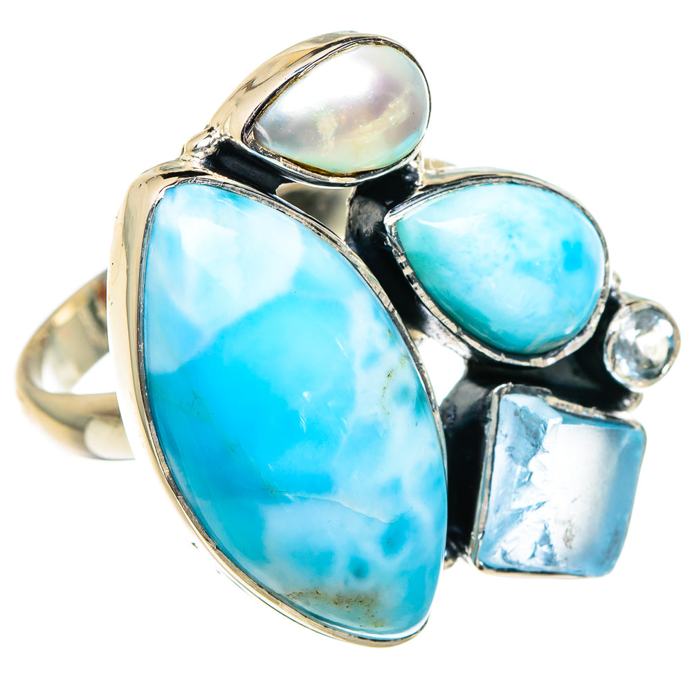 Larimar, Aquamarine, Cultured Pearl, Blue Topaz Rings handcrafted by Anasilvercos - RING95073