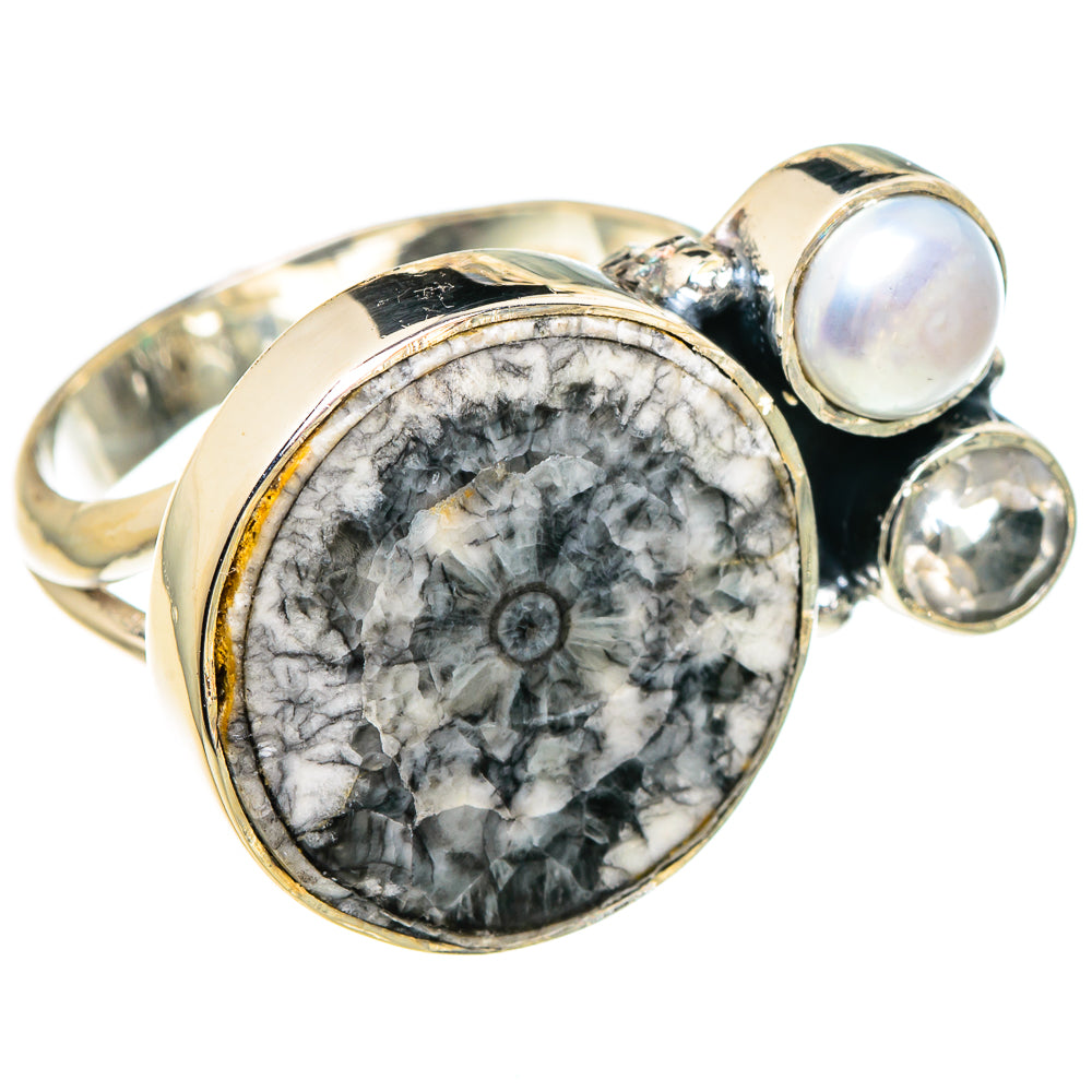 Goniatite Fossil, White Quartz, Cultured Pearl Rings handcrafted by Anasilvercos - RING95153