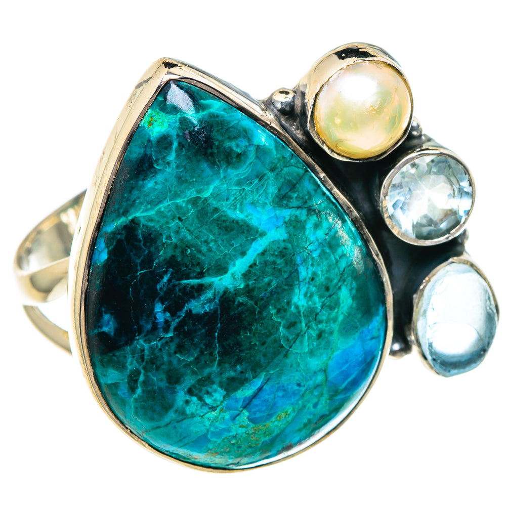 Chrysocolla, Aquamarine, Blue Topaz, Cultured Pearl Rings handcrafted by Anasilvercos - RING95184