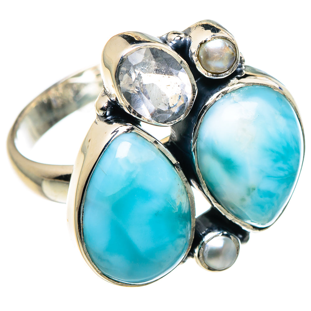 Larimar, White Quartz, Cultured Pearl Rings handcrafted by Anasilvercos - RING95855