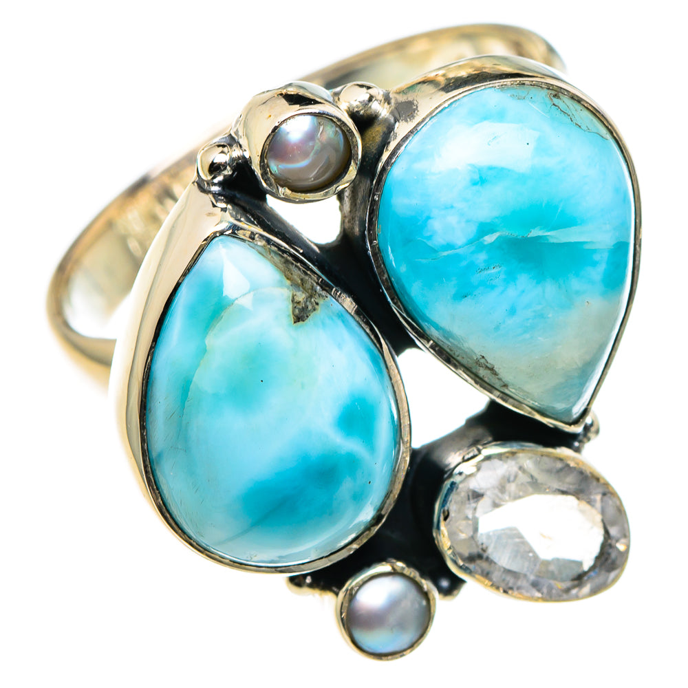 Larimar, White Quartz, Cultured Pearl Rings handcrafted by Anasilvercos - RING95916