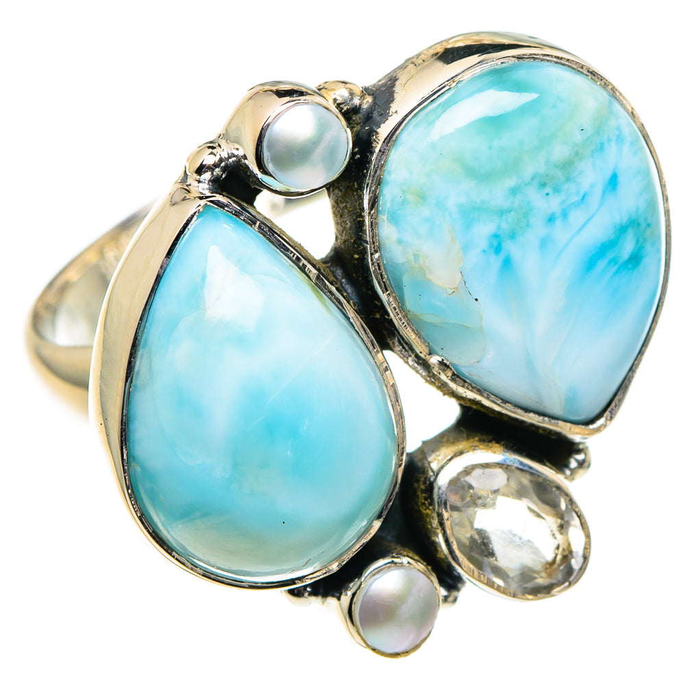 Larimar, White Quartz, Cultured Pearl Rings handcrafted by Anasilvercos - RING95922