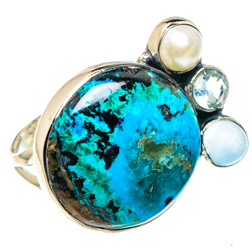 Shattuckite, Blue Topaz, Aqua Chalcedony, Cultured Pearl Rings handcrafted by Anasilvercos - RING95935