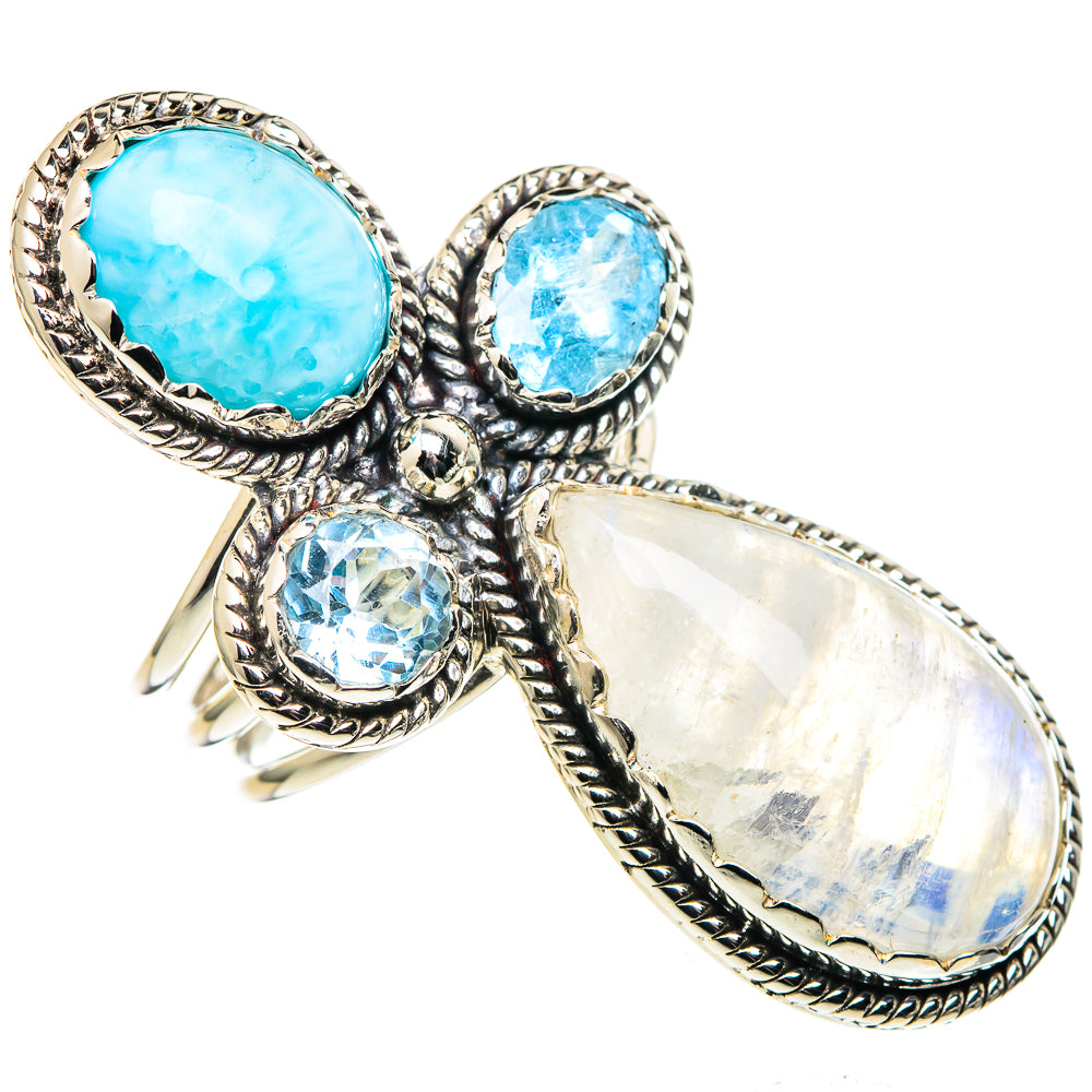 Rainbow Moonstone, London Blue Topaz Rings handcrafted by Anasilvercos - RING96387