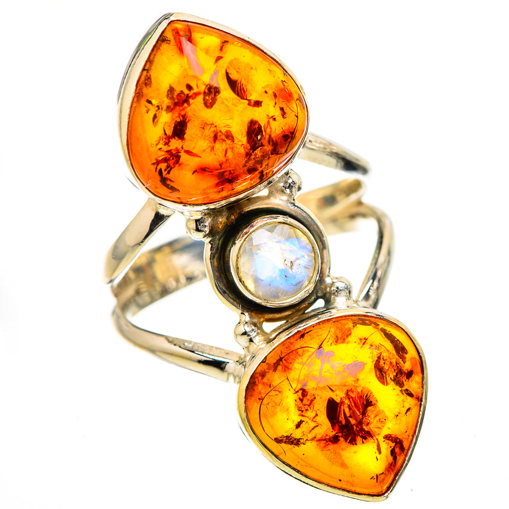 Large Baltic Amber, Rainbow Moonstone Ring Size 7.25 (925 Sterling Silver) RING135358