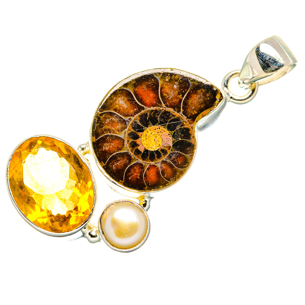 Ammonite Fossil, Citrine, Cultured Pearl Pendant 1 3/4"  (925 Sterling Silver) PD36920