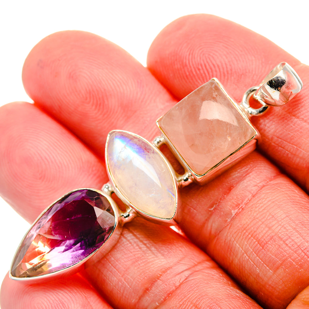 Faceted Ametrine, Rose Quartz, Rainbow Moonstone Pendant 2 1/4" (925 Sterling Silver) PD37481