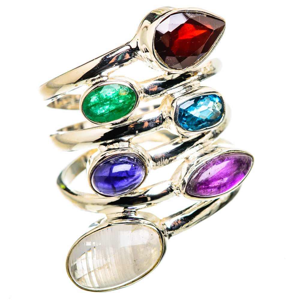 Large Rainbow Moonstone, Garnet, Amethyst, Tanzanite, Blue Topaz, Emerald Ring Size 8.75 (925 Sterling Silver) RING135753