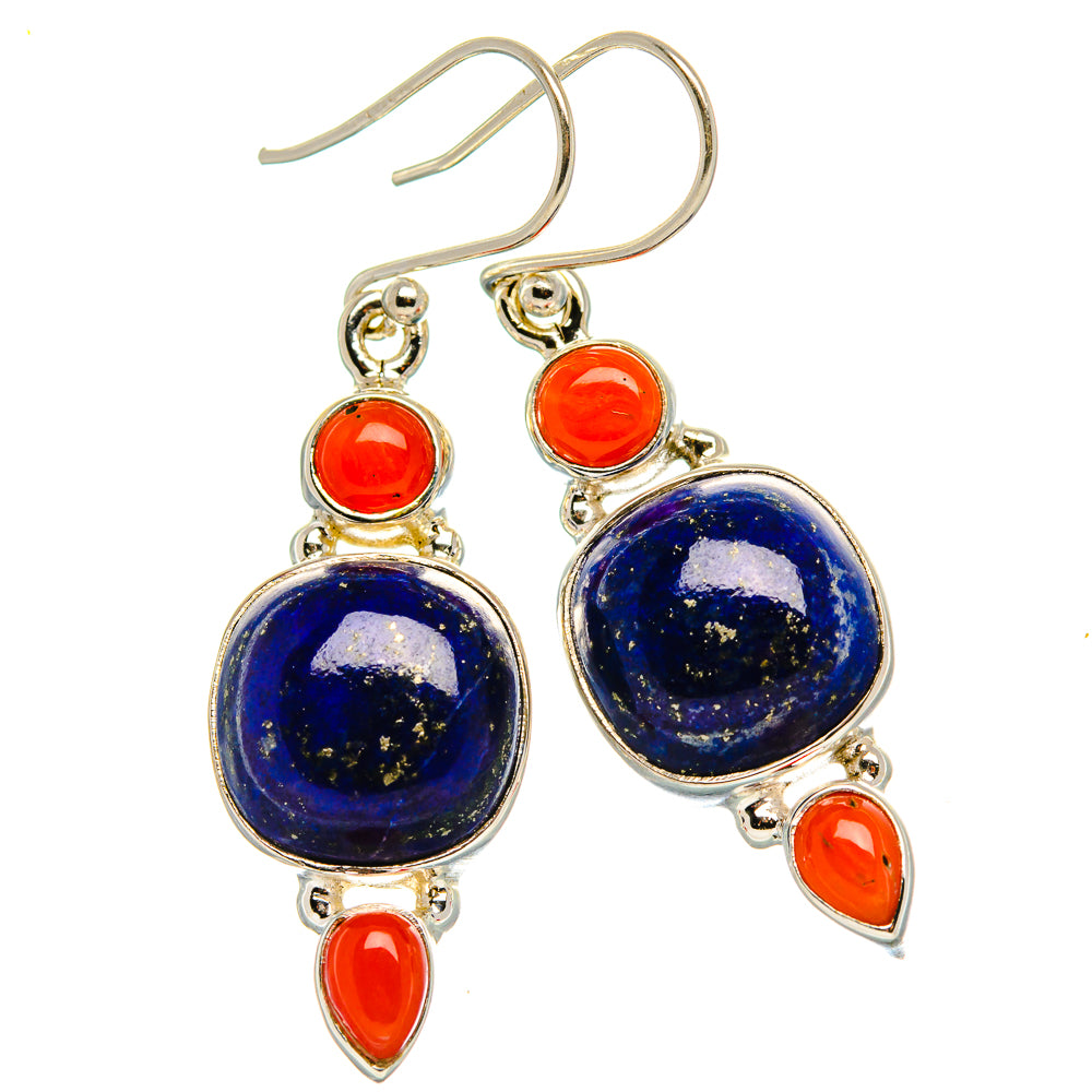 Lapis Lazuli, Red Coral Earrings 1 3/4" (925 Sterling Silver) EARR431863