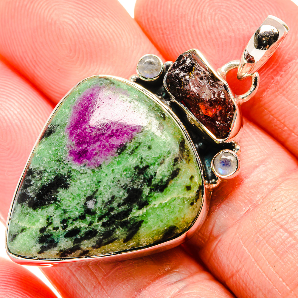 Ruby Zoisite, Garnet, Rainbow Moonstone Pendant 2" (925 Sterling Silver) PD36330