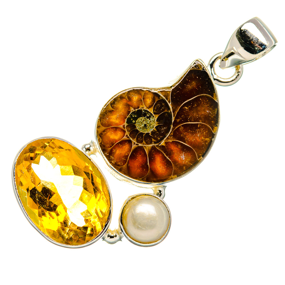 Ammonite Fossil, Citrine, Pearl 925 Sterling Silver Pendant 1 3/4" P37032