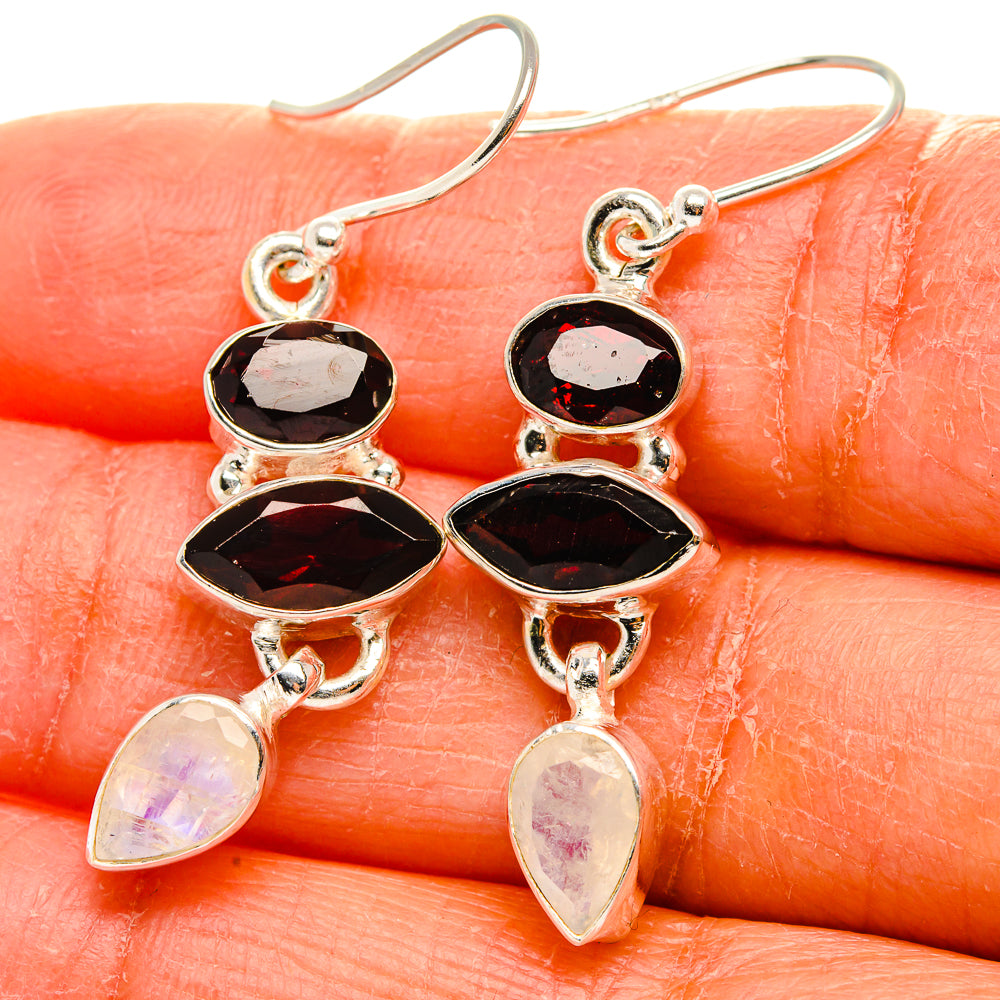 Garnet, Rainbow Moonstone Earrings 1 3/4"  (925 Sterling Silver) EARR431655