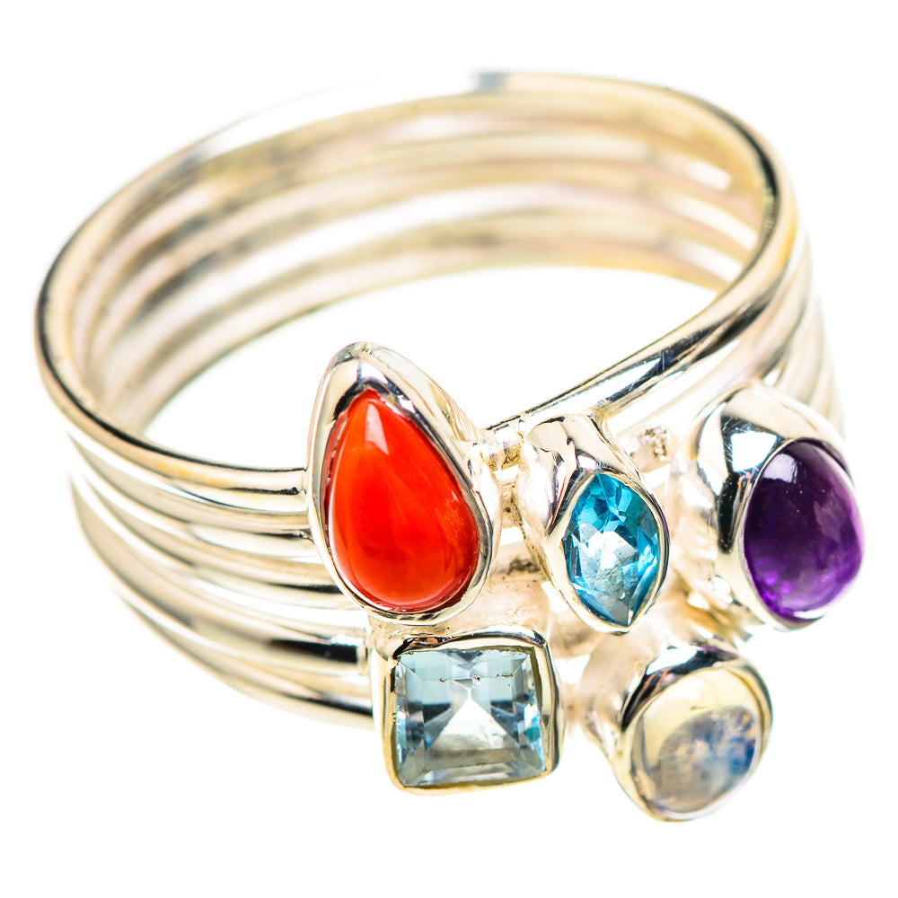 Red Coral, Amethyst, Moonstone, Blue Topaz Sterling Silver Ring Size 8 R136306