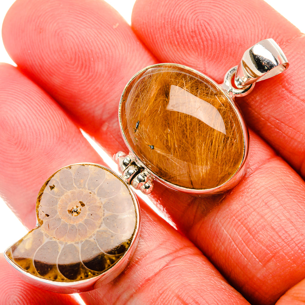 Ammonite Fossil, Rutilated Quartz 925 Sterling Silver Pendant 2 1/8" (925 Sterling Silver) PD37737