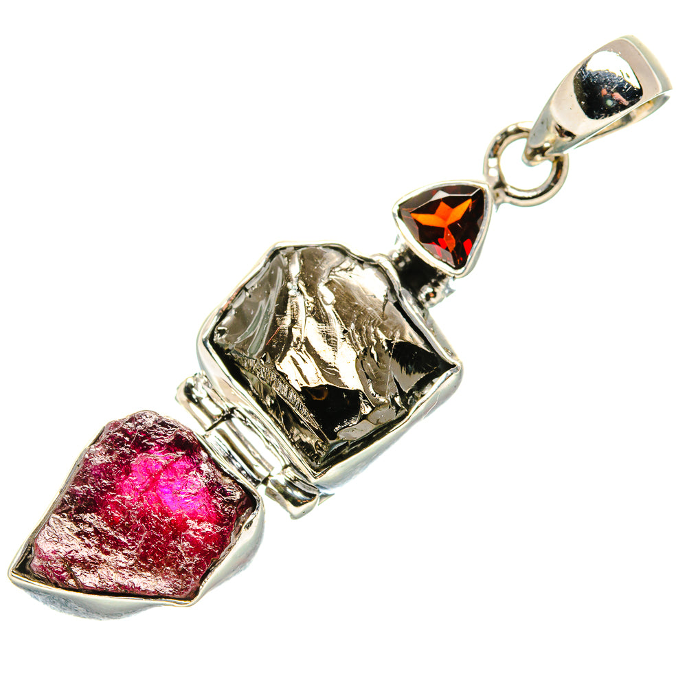 Rough Shungite, Pink Tourmaline, Garnet Pendant 2" (925 Sterling Silver) PD36813