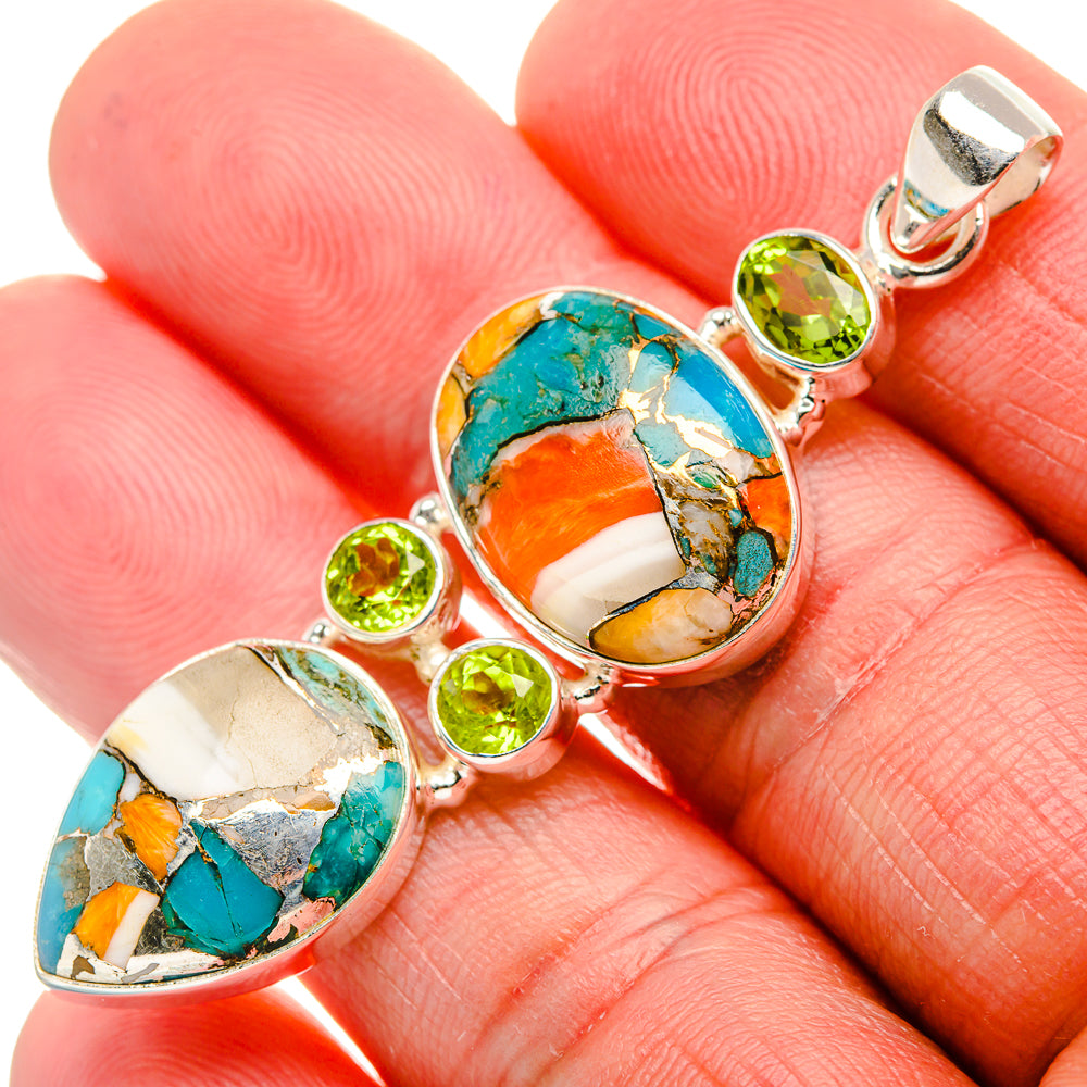 Spiny Oyster Turquoise, Peridot Pendant 2 1/4" (925 Sterling Silver) PD37468