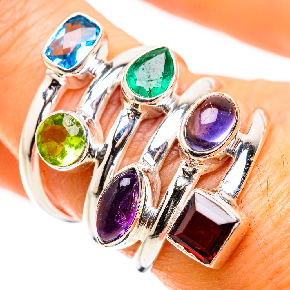 Anasilvercos Garnet, Amethyst, Tanzanite, Peridot, Blue Topaz, Emerald Ring Size 7.25 (925 Sterling Silver)