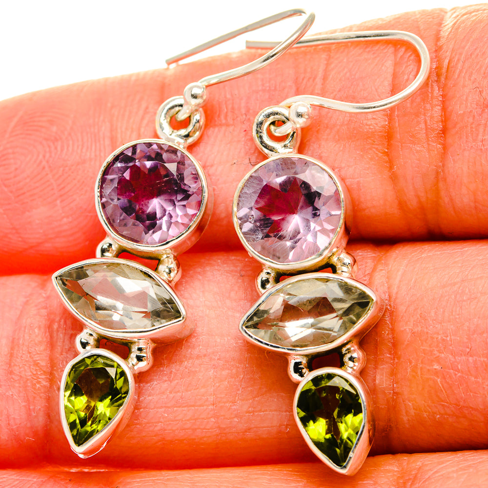 Anasilvercos Faceted Green Amethyst, Amethyst, Peridot Earrings 1 1/2" (925 Sterling Silver)