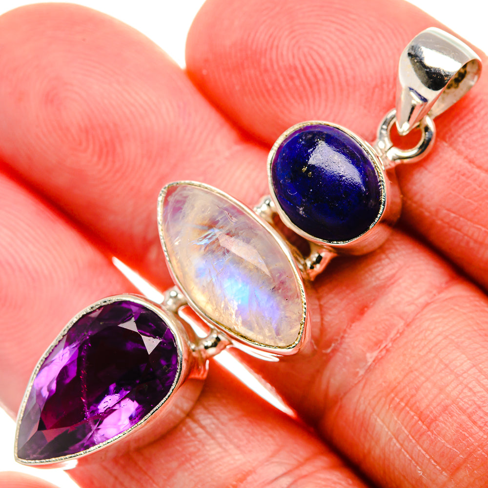 Faceted Amethyst, Rainbow Moonstone, Lapis Lazuli Pendant 2" (925 Sterling Silver) PD37476