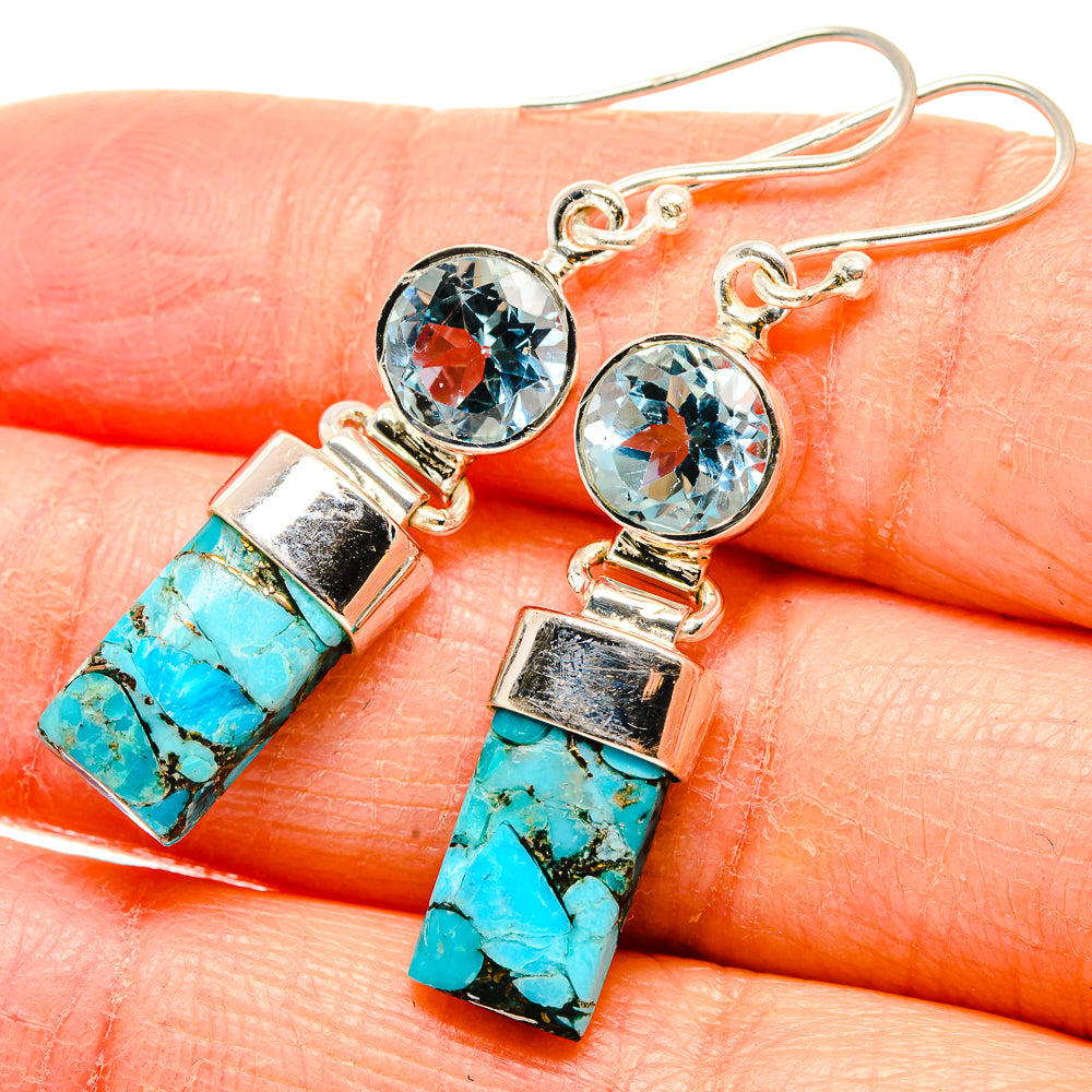 Blue Copper Composite Turquoise, Blue Topaz Earrings 1 3/4" (925 Sterling Silver) EARR431488
