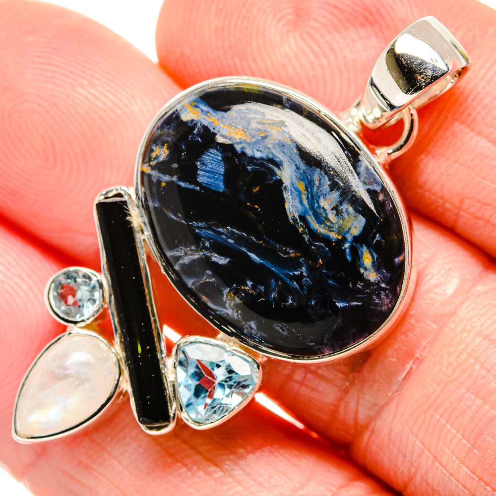 Pietersite, Green Tourmaline, Rainbow Moonstone, Blue Topaz Pendant 1 3/4" (925 Sterling Silver) PD36301