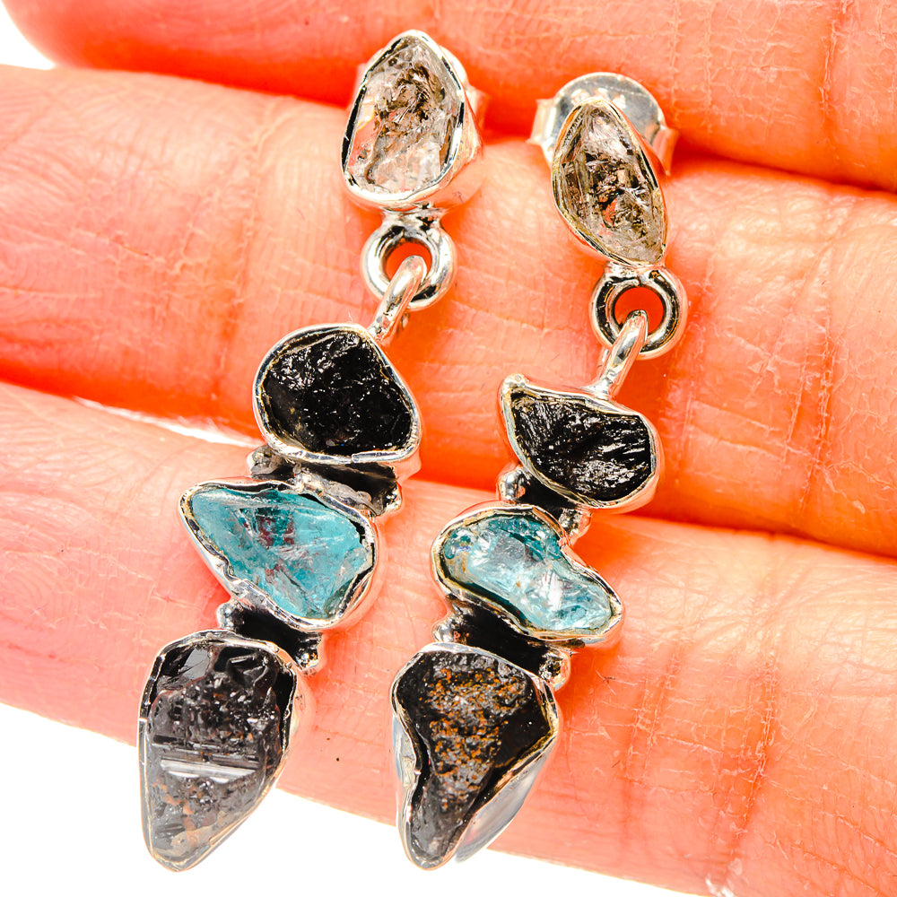 Black Tourmaline, Apatite, Herkimer Diamond Earrings 1 1/4" (925 Sterling Silver) EARR431489