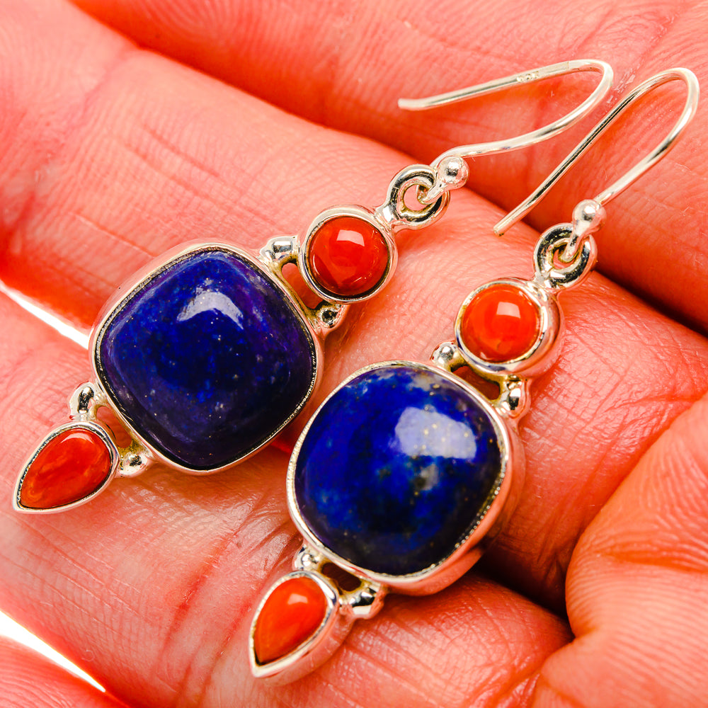 Lapis Lazuli, Red Coral 925 Sterling Silver Earrings 1 5/8" (925 Sterling Silver) EARR431938